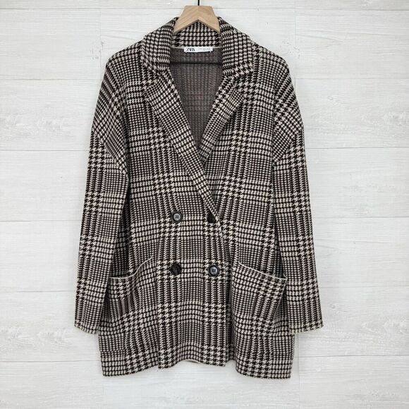 Zara Houndstooth Double Breasted Oversized Knit Sweater Blazer Jacket Size M - Picture 15 of 16